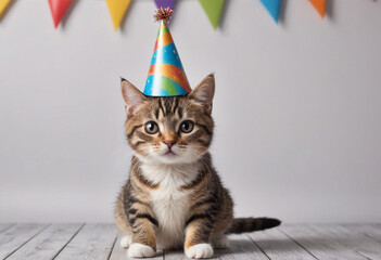  A cat wearing a tiny party hat for a birthday celebration. 