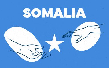 Support for Somalia with symbols in blue white national colors on white background with hands supporting each other. Vector illustration.