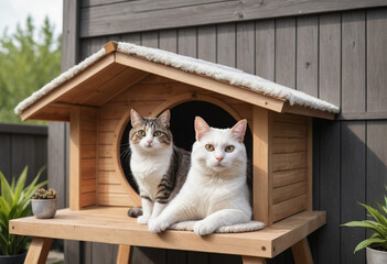  A cat perched on a cozy outdoor cat house. 