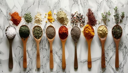 Wall Mural - Different herbs and spices with spoons on grey table, flat lay