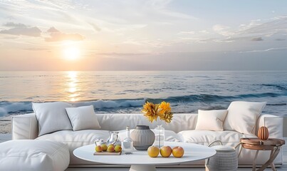 A luxurious seaside outdoor lounge with white sofas and a stylish coffee table, adorned with apples and decorative items, offers a breathtaking ocean view during a serene sunset.