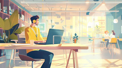 Wall Mural - Customer service agent in a startup office with a laptop.