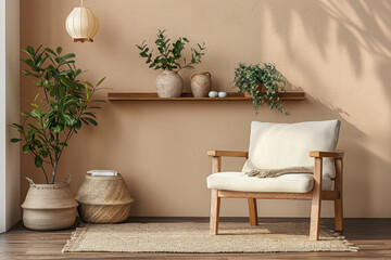 Wall Mural - Interior of stylish living room with armchair and houseplants near beige wall
