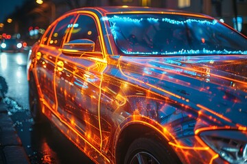 Wall Mural - A car with headlights illuminated in the dark night.