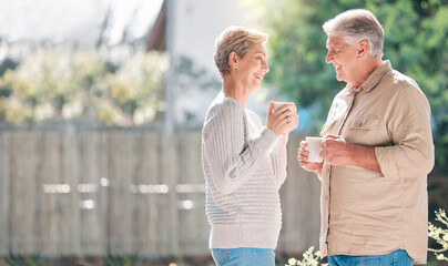 Poster - Senior, couple and coffee with conversation by window in morning, happiness and speaking with love for marriage. Mature, man and woman with warm beverage in family house, bonding and relationship.