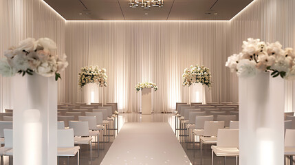 A wedding ceremony in a minimalistic white and gold wedding hall, with two tall flower arrangements on the sides of the altar.