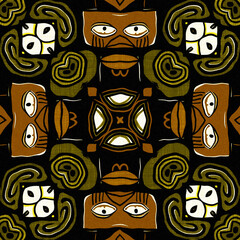 Wall Mural - Modern tribal shape mud cloth effect seamless pattern. Stylized Shape doodle in khaki brown color background design of printed patterned fabric repeat.