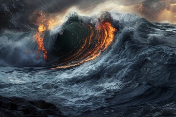 Wall Mural - Powerful Ocean Wave with Orange Glow