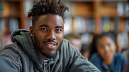 Wall Mural - Portrait of group students African American guy talking in debate session in school, discussing topics, education. 