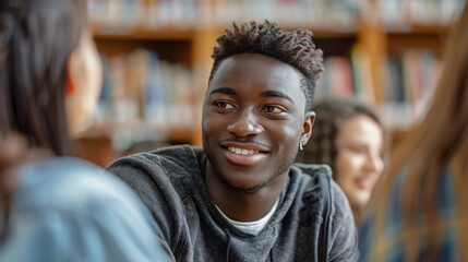 Wall Mural - Portrait of group students African American guy talking in debate session in school, discussing topics, education. 