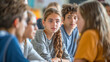 © Julija - Portrait of group students engaging in debate session in school, discussing topics, education. Diversity and conversation for future development.
