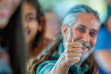 Wall Mural - a man giving the thumbs up with a group of people