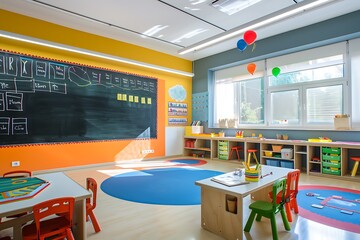 A spotless blackboard in a bright, modern classroom with ergonomic furniture and colorful educational displays