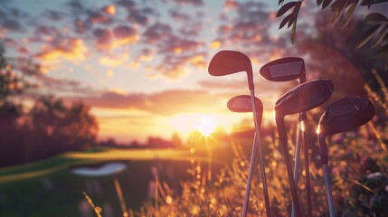 Wall Mural - Golf Clubs at Sunset on a Golf Course