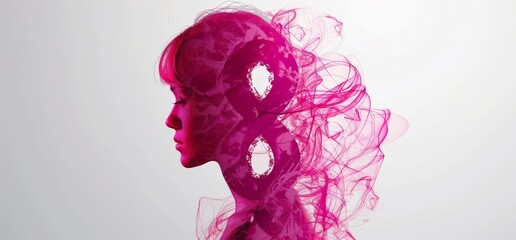 Poster - Stylized Portrait with Abstract Pink Texture and Circular Design Elements