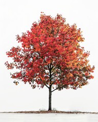 A sweetgum tree with red and orange leaves against white