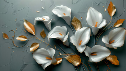 Wall Mural - Golden Calla Lilies with Stucco Stems and Leaves: An elegant 3D floral background