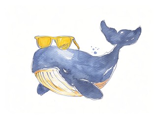 Children's drawing of a whale in watercolor style. Cute sea animal isolated on white background. Illustration for cover, card, postcard, interior design, decor or print.