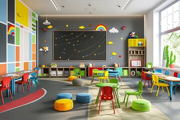 A spotless blackboard in a modern classroom with ergonomic furniture, bright decor, and neatly arranged educational displays