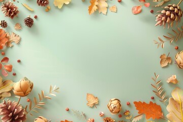 Wall Mural - Autumn-Themed Background with 3D Cartoon Fall Leaves and Pinecones for Seasonal Designs