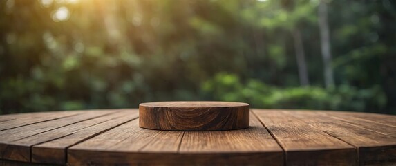 Empty wooden podium with blurred nature background for product display.