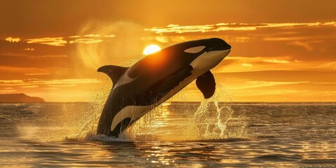 Wall Mural - Killer whale breaching out of coastal waters at golden hour