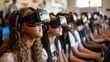 © Benjawan - Using VR Headsets in Class: A group of students using VR headsets in a classroom, experiencing a virtual field trip, with ample copy space on the right for text or graphics