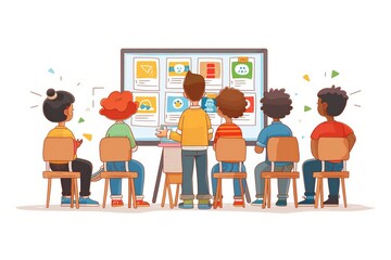 Simple minimal illustrate style of Using Digital Tablet in Class: A teacher using a digital tablet to show educational videos in class, students attentively watching, ample copy space on a clear