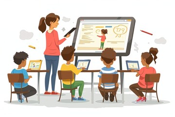 Simple minimal illustrate style of Using Digital Tablet in Class: A teacher using a digital tablet to show educational videos in class, students attentively watching, ample copy space on a clear
