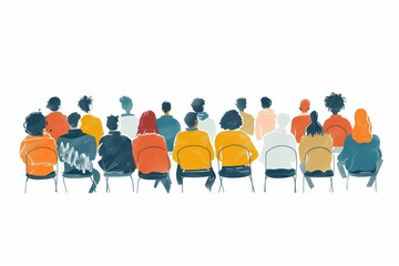 simple minimal illustrate style of history lecture at community center: adults attending a history l