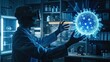 © Login - Virologist scientist studies virus in VR goggles. Scientific research in the field of vaccination. Future technologies based on artificial intelligence. Extreme magnification. Illustration for design.