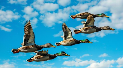 Ducks Flying in Formation Against Blue Sky