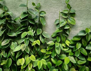 Wall Mural - A bunch of green leaves placed on a wall. Can be used as a background or for nature-themed designs