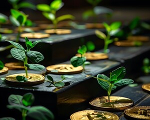 Green plants growing on golden coins, steps, dark background, business success concept,