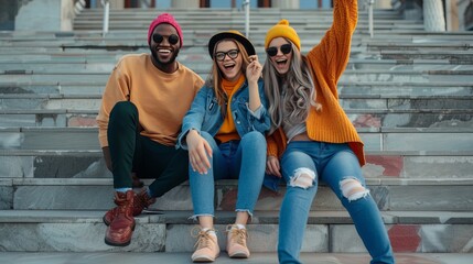 Wall Mural - Joyful Friends Enjoying Winter Outdoors