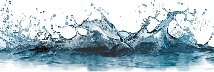 A splash of water with a white background. The water is cold and clear. The splash is large and covers the entire image