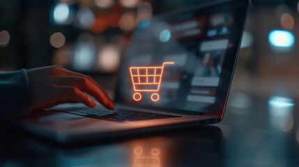 A person shopping online using a laptop with a shopping cart icon displayed on the screen in a blurred background setting.