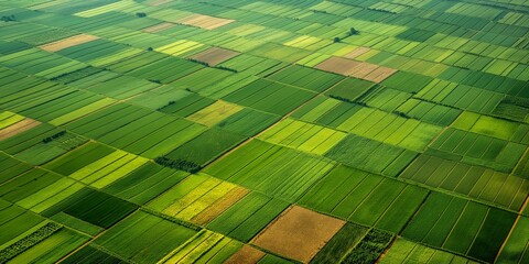 A rural farmland with green crops and agricultural growth in a summer landscape.