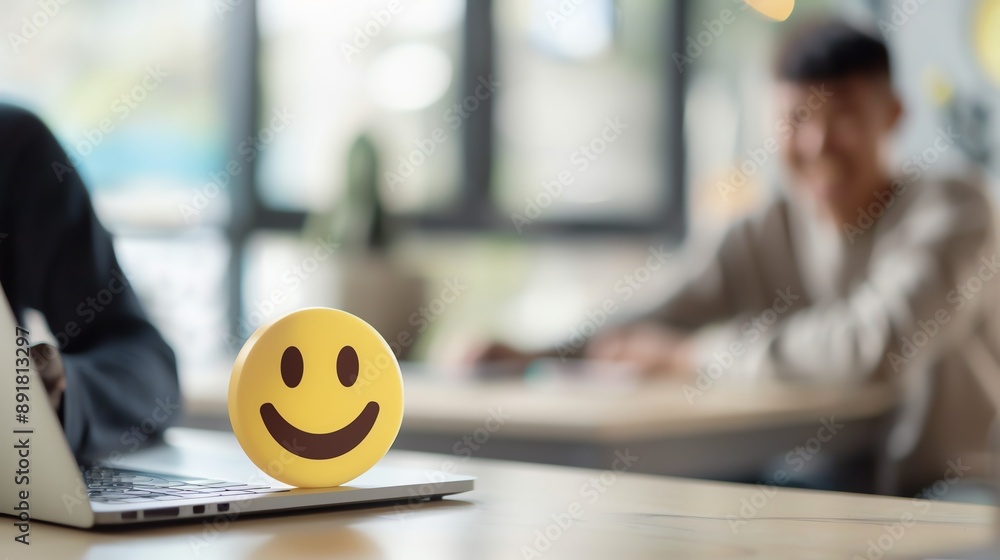 Working Well Smiley Smiley face stress ball on a desk in the office, promoting a positive ...