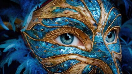 Poster - A close up of a mask with blue feathers and gold eyes, AI