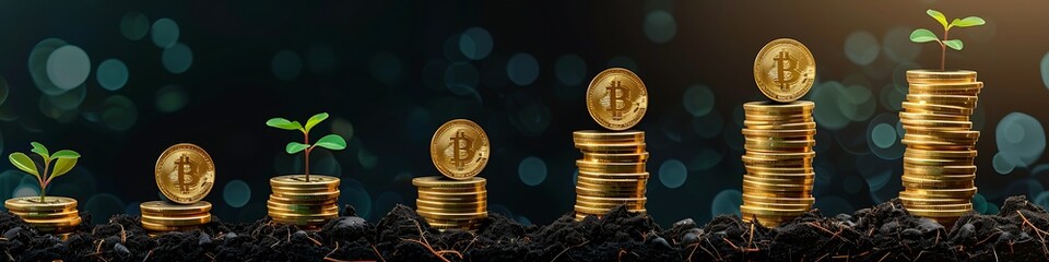 Golden coins with plant growth in steps, dark background, business success concept,