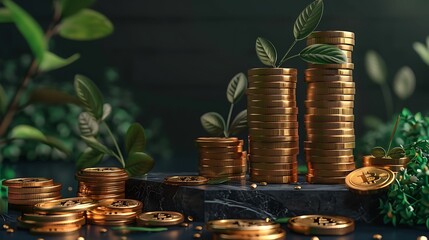 Golden coins stacked with plant growth, steps, dark background, business success,