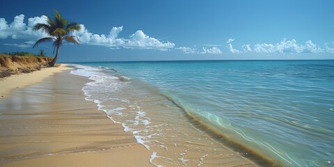 Wall Mural - Tranquil Tropical Beach with Palm Tree, Clear Blue Sky, and Serene Ocean Waves.