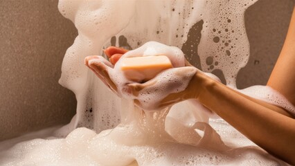 Canvas Print - A person holding a soap bar in their hands while they are submerged under water, AI