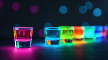 Neon-lit shot glasses filled with colorful liquid, glowing brightly against a dark background, capturing the energetic and vibrant ambiance of nightlife.