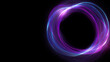 © Monktwins - Airy digital neon blue and purple tech circle on black background, blank space. Science, futuristic digital technologies concept.