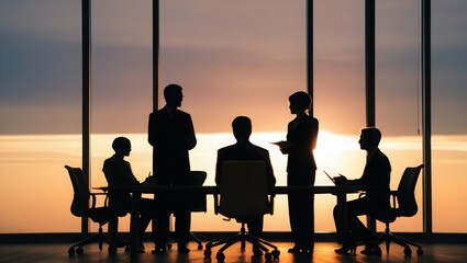 Silhouettes of Business Professionals in a Modern Office Meeting at Sunset