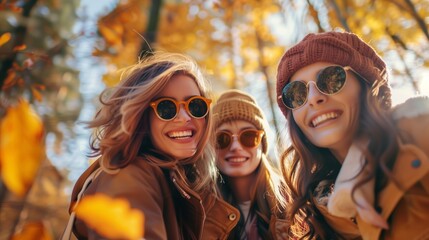 Wall Mural - Young women in sunglasses enjoy autumn forest party