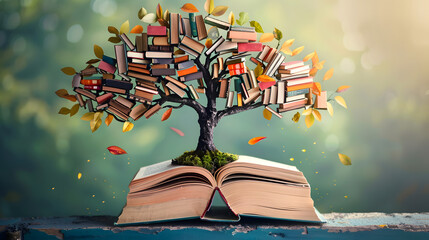 Sticker - International literacy day concept with tree with books like leaves.