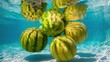 © starush - A group of watermelons floating in the ocean under blue sky, AI